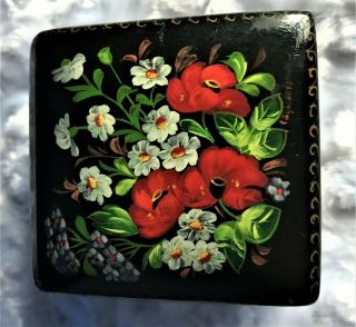 Vintage Small Hand Painted Black Lacquer W/ Red Laquer Inside Trinket Box Signed