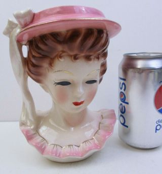 Vintage Lady Head Bust Face - Pink Hat & Dress W/gold Trim - Planter Vase (bk1j)
