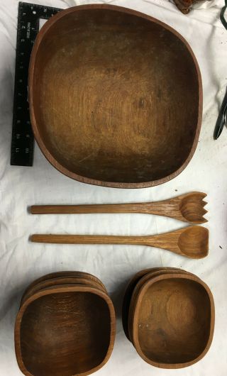Vintage 9 Pc Set Wooden Goodwood Teak Salad Bowls With Utensils