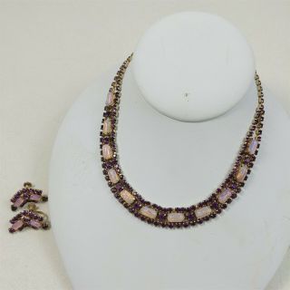 Vintage Purple & Moonstone Choker Necklace And Screw Back Earrings Set