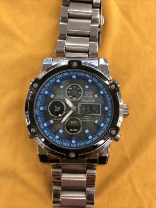 Stauer Mens Blue Stone Chronograph Wrist Watch Digital Analog Hybrid 33207