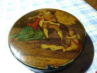 Antique/victorian French Papier Mache Snuff Box With Painted Picture Lid