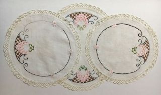Set Of 3 - Vintage Linen Hand Embroidered Doilies