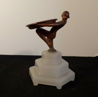 Art Deco Nude Lady Holding An Ashtray Mounted On A 6 Sided 3 Stepped Glass Base