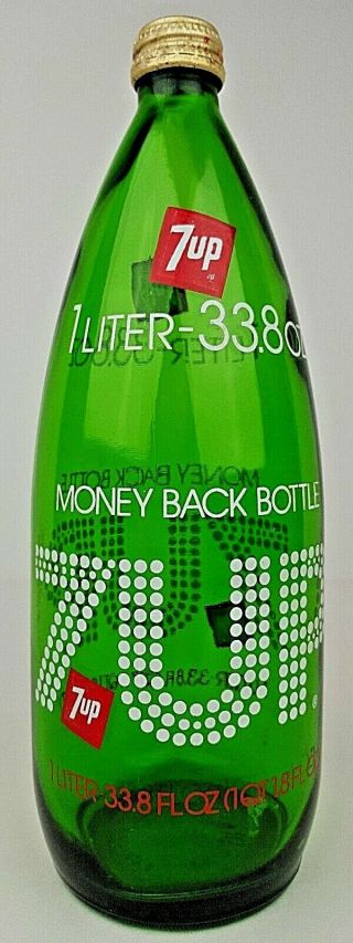 Vintage 7 Up 1 Liter Green Glass Money Back Bottle W/ Cap Mid Century Modern Euc