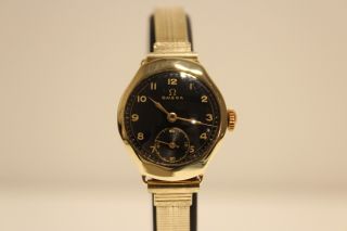 Art Deco Rare Small Solid Gold 14k Military Style Mechanical Ladies Watch " Omega "