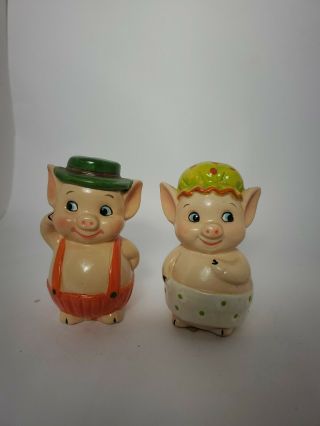 Vintage Anthropomorphic Pigs Salt And Pepper Shakers.  Suspenders Hats.  3 " Tall