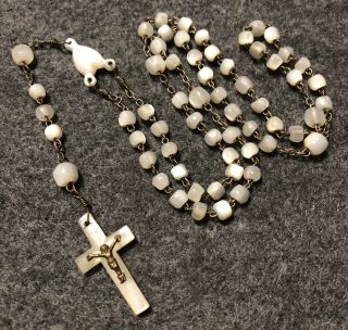 Antique Vintage Carved Mother Of Pearl Rosary Crucifix Cross Prayer Beads 20 “