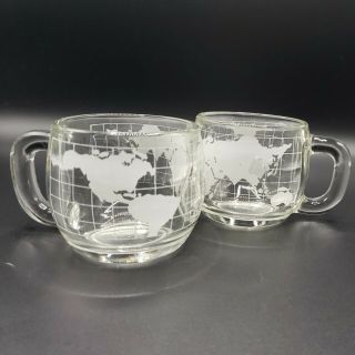 Set Of 2 Nestle Vintage Clear World Map Globe Etched Glass Coffee Cup Mug 1970`s