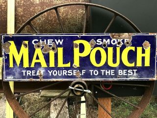 Antique Old Vintage Chew Smoke Mail Pouch Tobacco Porcelain Enamel Sign Gas Oil