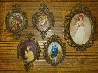 5 Vtg Pictures Brass Frames Pinky Blue Boy Flowers Small Porcellane Capodimonte
