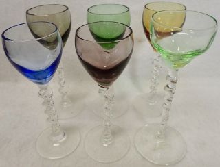 Set Of (6) Vintage Mid Century Colored Twist Stem Wine Glasses Goblets