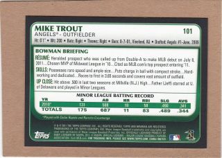 2011 Bowman Draft 101 Mike Trout RC Los Angeles Angels ROOKIE 3