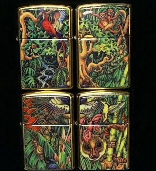 1995 Mysteries Of The Forest Zippo 4 Solid Brass Lighter Set Unfired
