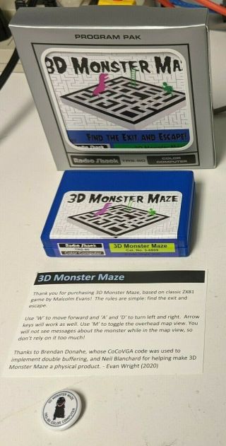 3d Monster Maze Tandy Trs - 80 Color Computer Coco Video Game Cartridge Complete