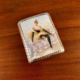 Rare Sterling Silver Hand Painted Enamel Cigarette Case W/ Nude Woman