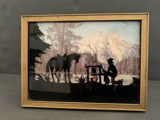 Vtg Reverse Painted Silhouette Cowboy Horse Western On Glass Art Picture