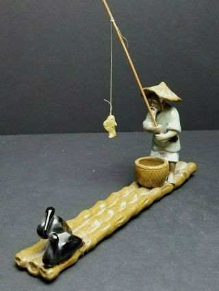 Vintage Chinese Shiwan Ceramic Mudman Fisherman Figurine Fishing Pole Raft