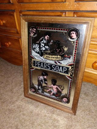 Vintage Pears Soap Carnival Glass Wood Framed Wall Hanging Mirror