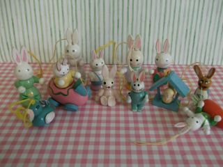 12 Vtg Wooden Easter Ornaments Sweet Decorated Dresses On Bunnies,  Bird House