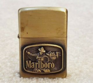 Vintage 1976 Marlboro Cowboy Roper Rodeo Brushed Brass Zippo Unstruck