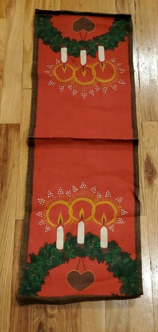 Vtg Linen Christmas Halo Candle Wax Catcher Tablecloth Table Cloth Runner 12x38