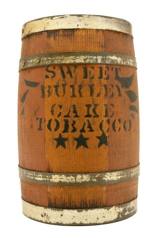 Scarce 1920s " Sweet Burley Cake " Wooden Barrel Tobacco Canister,  V Good Cond