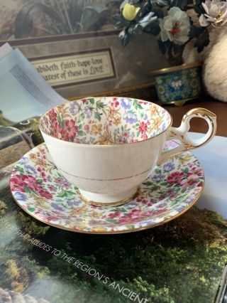 Vintage Old Royal Bone China Tea Cup And Saucer Blue And Pink Flowers