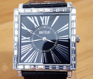 Ladies Black Leather Art Deco Style Janet Reger Square Crystal Set Silver Watch