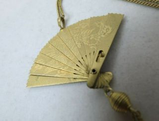 Vintage Folding Asian Fan Necklace Embossed DRAGON & CRANES Gold Filled Chain 3