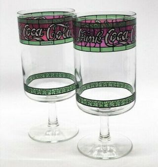 Two Vintage Stemmed " Drink Coca Cola " Glasses,  Tiffany Stained Glass Look