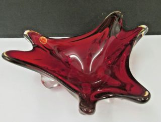 Murano Art Glass Bowl Clear Tips Red/orange Heavy Glass 10 3/4 " Vintage