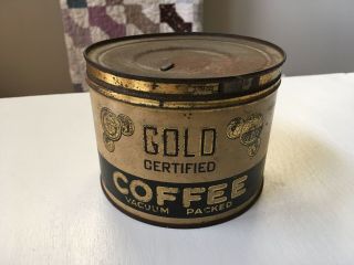 Vintage 1 Lb.  Key Wind Coffee Tin - Gold Certified - Tennessee