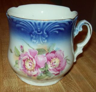 Gorgeous Vintage Porcelain Mug Tea Cup Blue & White Pink Flowers Gold Trim