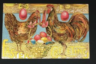 Vintage 1912 Postcard “easter Greeting” - Embossed Gold Hen Egg Basket