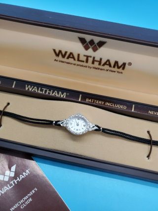 Stainless Waltham Watch Ladies Vintage Black Cord Band Battery