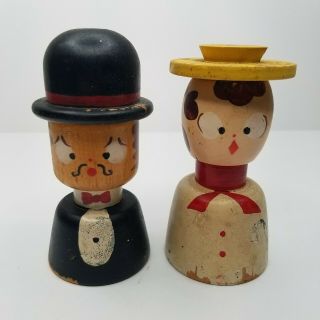 Vintage Wooden Man Woman Salt And Pepper Shakers Hats Painted