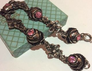 Vintage Jewellery Pewter & Pink Crystal Rose Flower Link Bracelet