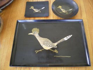 Couroc Of Monterey Vintage Roadrunner Large & Small Trays; Small Bowl.