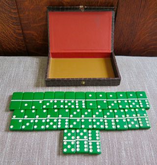 Vintage Domino Green Set Of 28 Tiles W/case Double Six Standard Dominoes Crafts