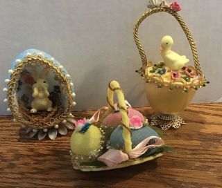 Vintage Craft Easter Walco (?) Bunny Duck Decorated Eggs Basket Sequin Beads Pin