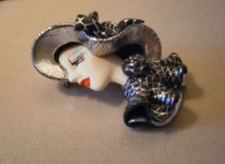 Vintage Art Deco Pretty Lady in Profile with Hat Brooch Pin - Grey/Silver/Black 2