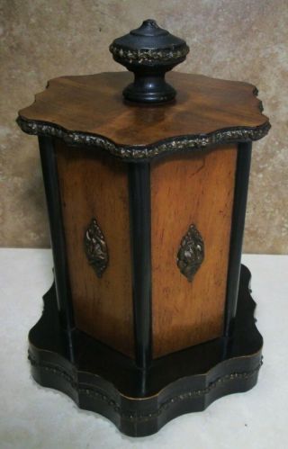 Antique Victorian Hexagonal Wood & Brass Hand Carved Cigar Server/holder