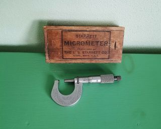 Vintage Starrett Micrometer 1 " No 230 Carbide Tips Locking Ring 201 Wood Box Usa