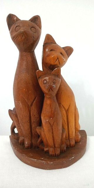 Vintage Hand Carved Wood Cat Figurine Family Of 3 Cats Kittens 7 X 4.  5 X 3 Flaw