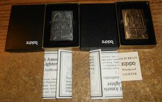 1995 Zippo Great American Train Full Size Lighter Set/1 Brass/1 Chrome/nib/rare