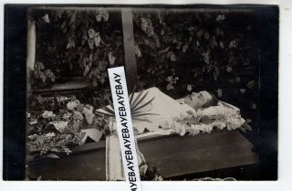 1930 - S Handsome Young Man Post Mortem Open Coffin Flowers Vintage Photograph