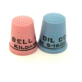 Vintage Bell Oil Company Advertising 2 Plastic Thimbles Pink Blue