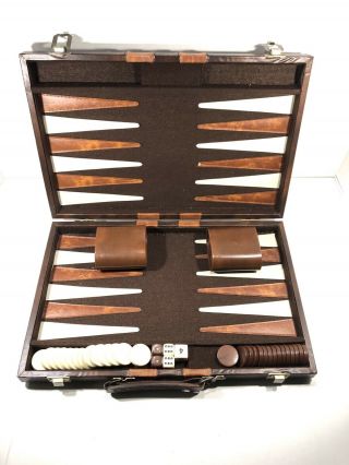 Vintage Brown Backgammon Set Briefcase Faux Leather Travel Case Portable