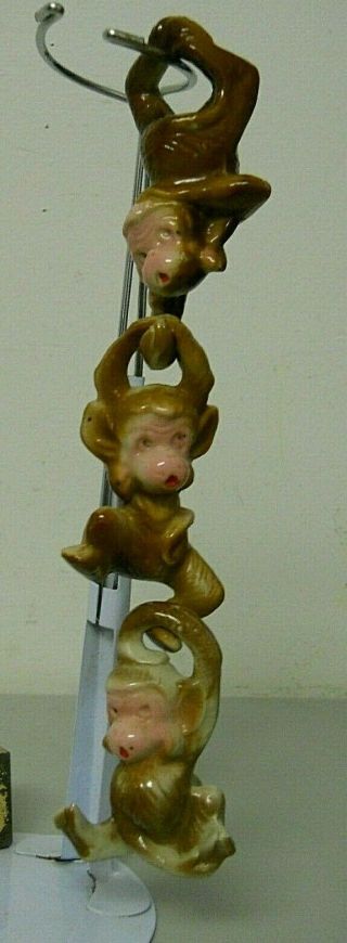 Vintage Brown Monkey Trio Japan Ceramic Hanging Figures Décor Planters Set Of 3